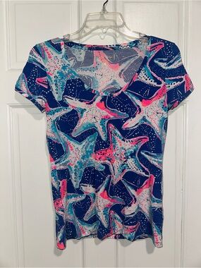 Lilly Pulitzer Navy Blue Pink Teal Starfish Print Short Sleeve Tee